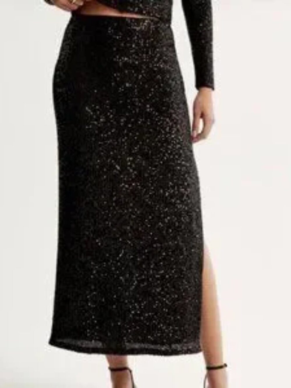 Abercrombie & Fitch Black Sequin Column Maxi Skirt Side Zip Slit Stretch Size XL